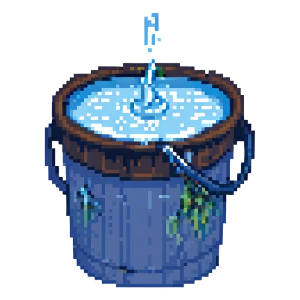 blue bucket of water with a visible leak, water dripping out sticker