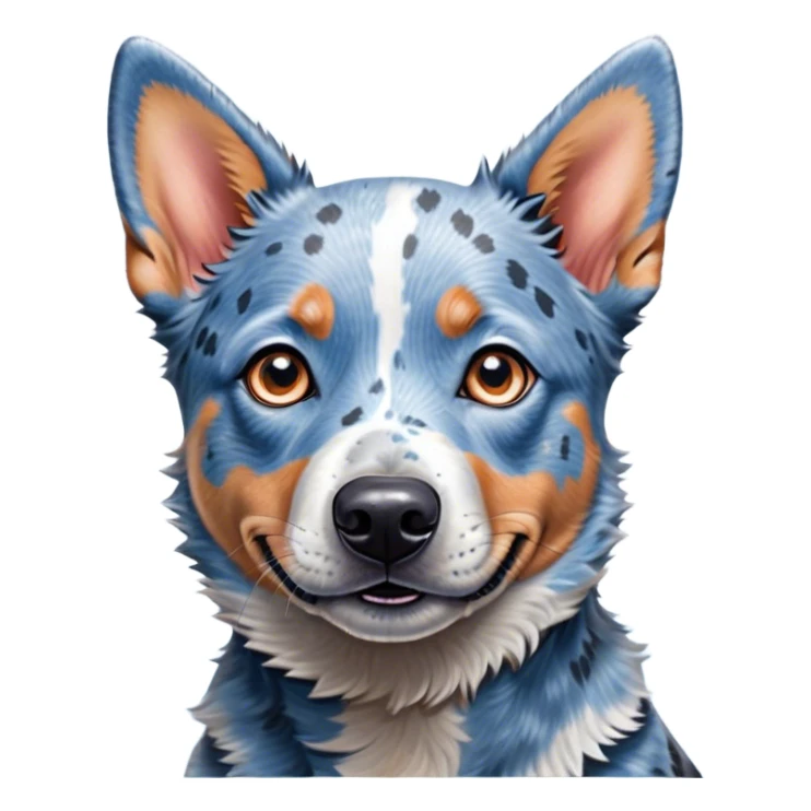 Cinematic Cute Blue Speckle Australian Cattle Dog Portrait Emoji, Head tilted playfully and inquisitively, featuring a vibrant blue speckle Fur with dynamic patterns, round, sparkling blue eyes filled with curiosity, Simplified yet irresistibly adorable features, highly detailed, glowing with a warm, friendly glow, high shine, affectionate and energetic, stylized with a touch of whimsy, bright and endearing, soft glowing outline, capturing the essence of a mischievous yet loving pup, so playful it feels like it could bound out of the screen and into your arms! sticker