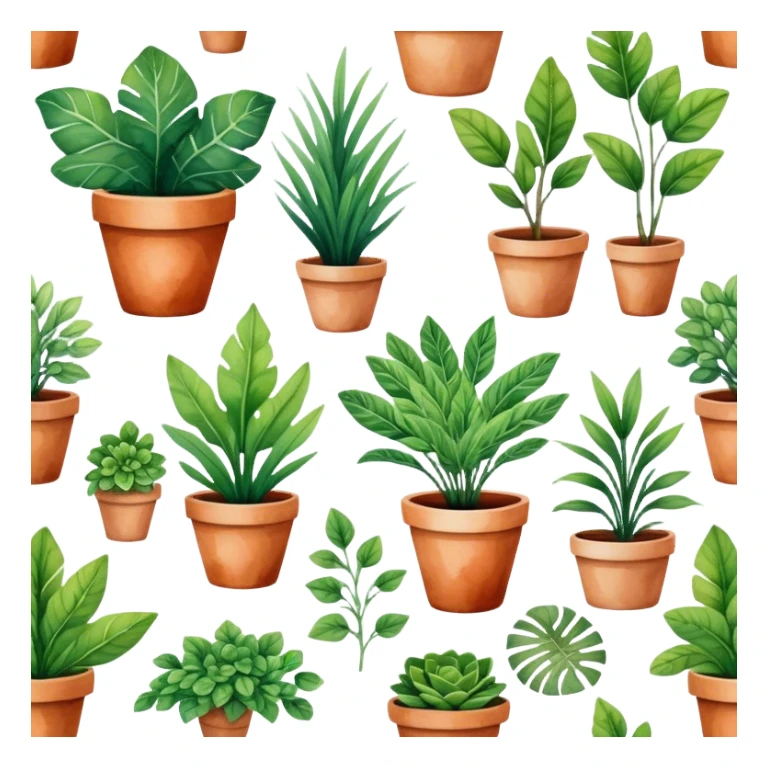 A stylized collection of leafy green plants in boho-inspired pots, arranged artistically in a watercolor painting. sticker