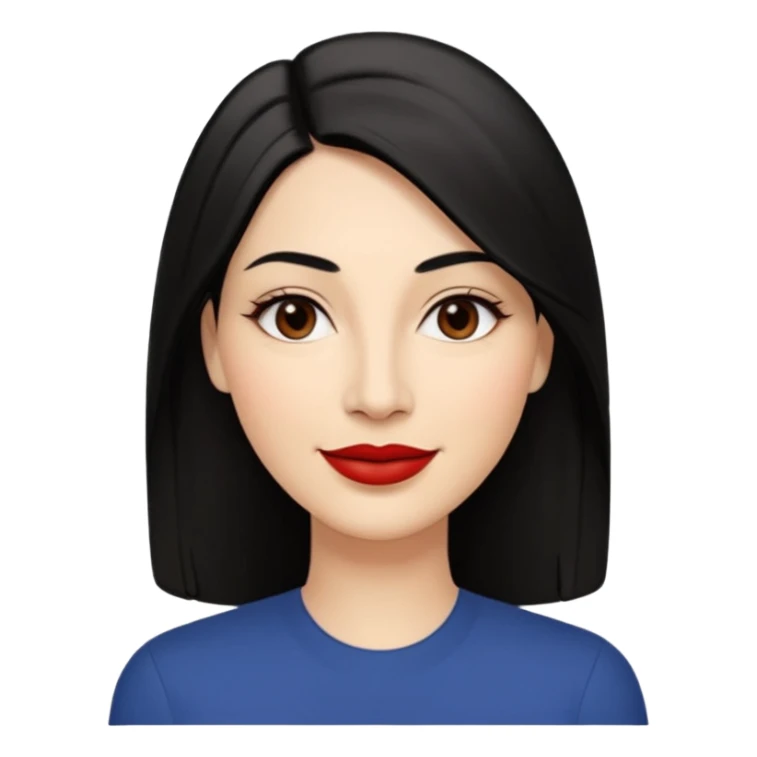 Mulher, 40 anos, pele: Morena clara, rosto: Oval, Cabelos: Lisos, longos, cor preta, repartidos para o lado direito, Olhos: Castanho-escuros, espaçamento normal, Nariz: Tamanho médio, ponte reta, narinas discretas, Boca: Lábios médios, bem definidos, com batom vermelho marcante e sorrindo  sticker