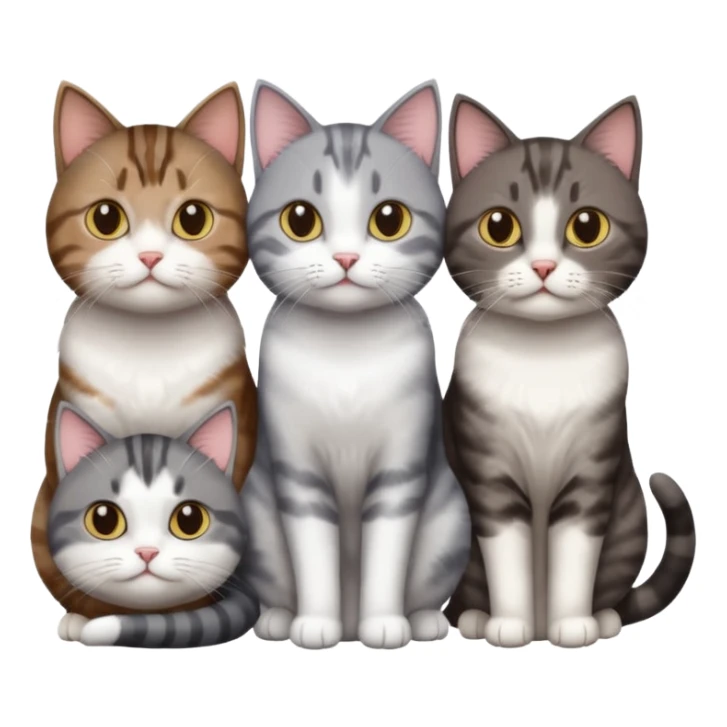 3 different coloured short haired cats including; a dark brown tabby and white cat, and a dark grey and white  sticker