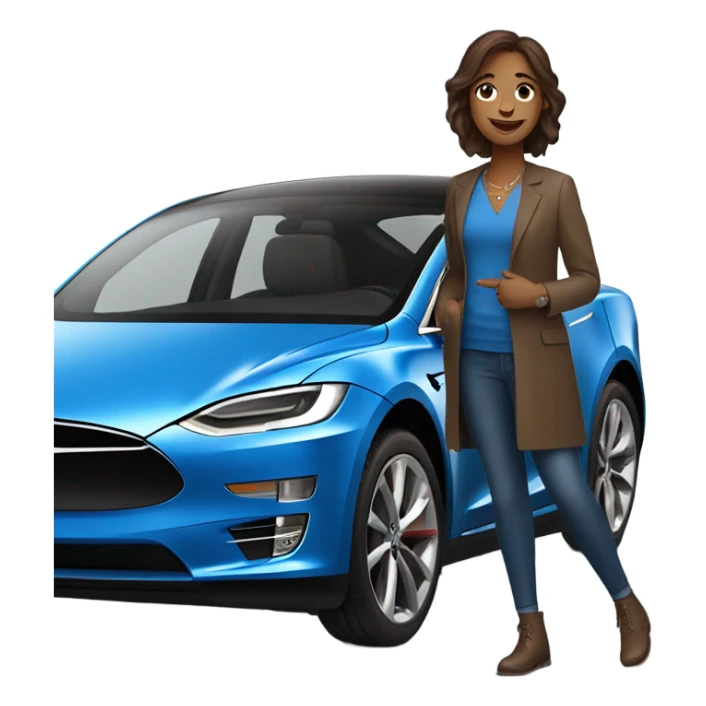  Happy brown haired woman getting a new blue Tesla  sticker