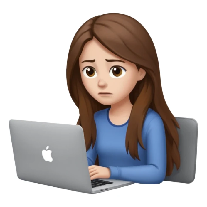 create a woman long hair brown, sitting with her macbook looking tired. looking at her computer, exausted  sticker