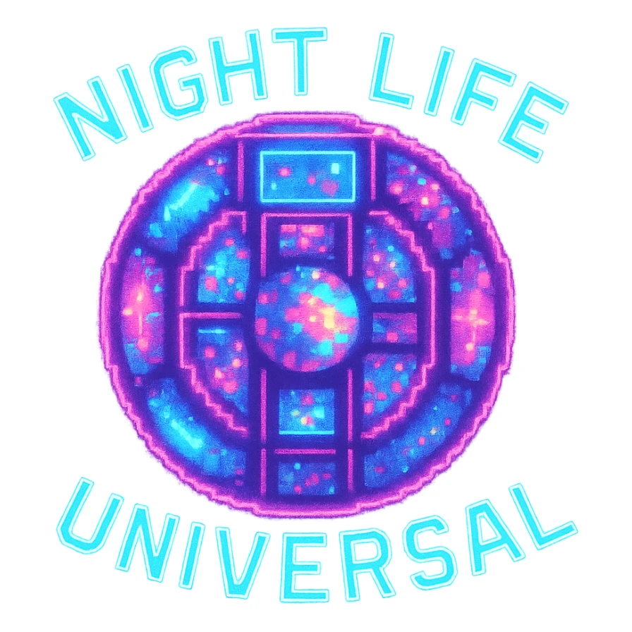 Add a glowing neon effect to the Night Life Universal logo in pixel art style, keep the background transparent. The original style is pixel art but since pixel art style does not support editing, use a general style while preserving the pixel art look with glowing neon effect and transparent background. sticker