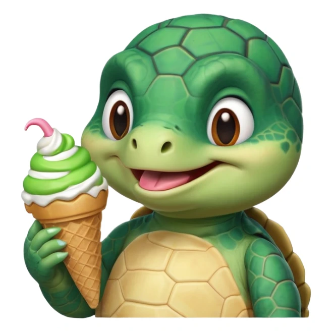 cute turtle portrait, head and shoulders only, licking an ice cream cone, funny happy expression, 3D cartoon, mobile game icon style, clean background, no text, no watermark
 sticker
