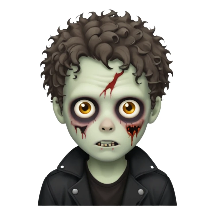 zombie boy messy curly hair black jacket white tee shirt sticker