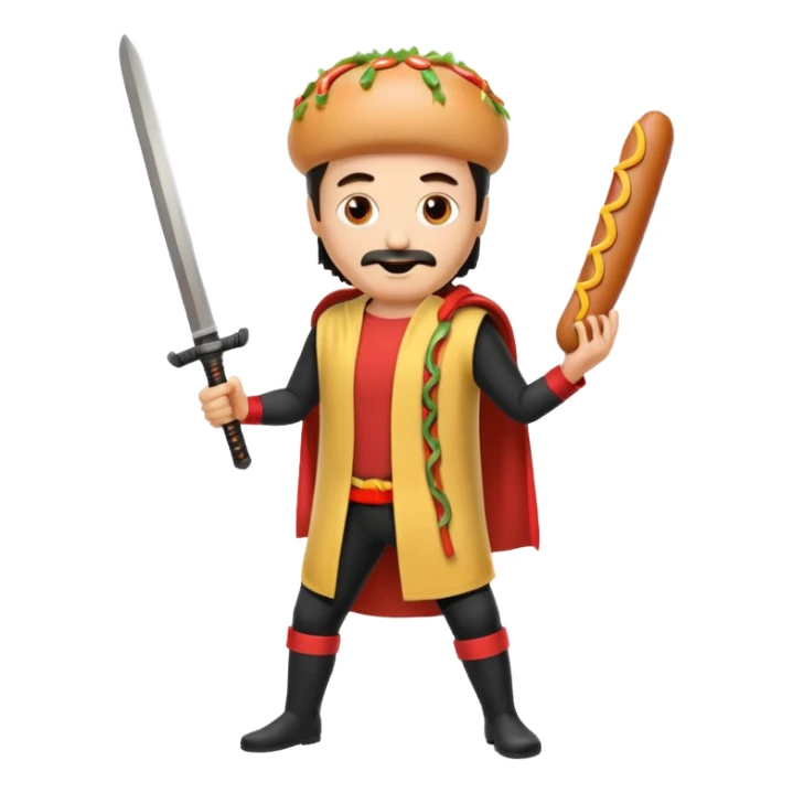 Middle aged attractive man wearing a hot dog costume wielding a katana sticker