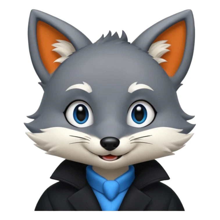 Grey anthropomorphic furry fox with a black coat, blue eyes, and a small fringe of black hair, smiling sticker