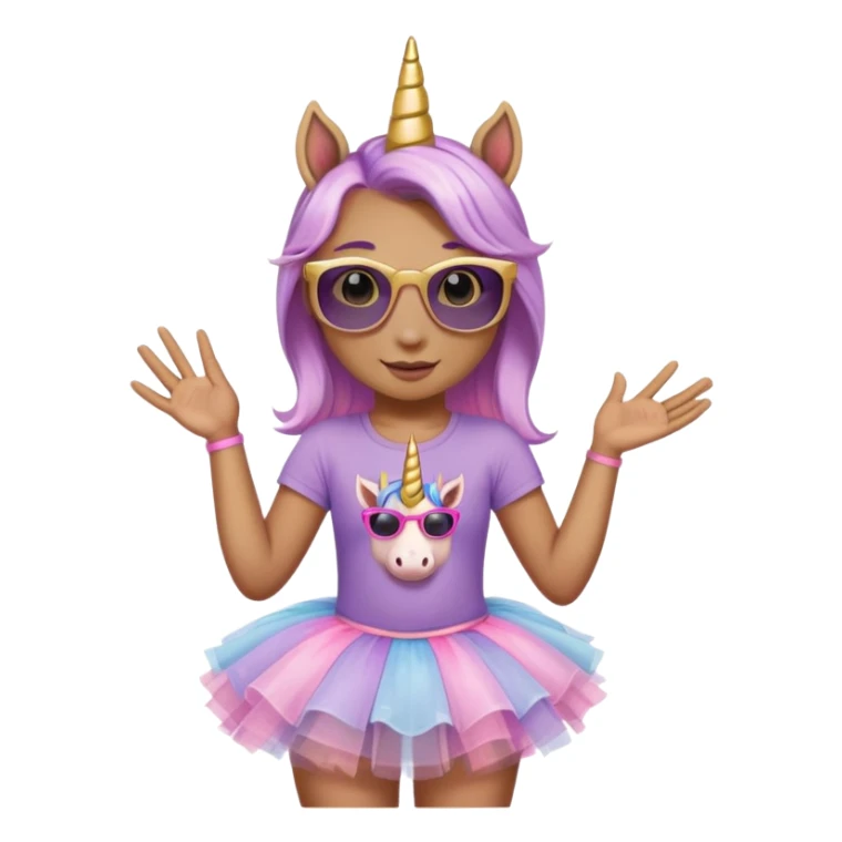 head and shoulders portrait of a friendly anthropomorphised female unicorn in tutu and pink t-shirt, wearing dark sunglasses, lavender and gold color scheme sticker