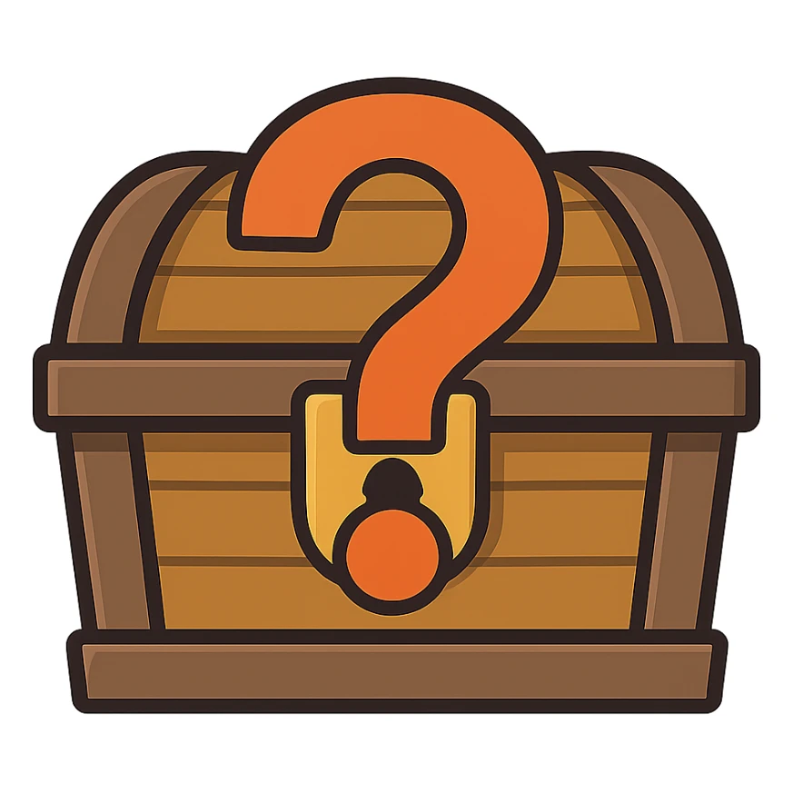 flat toon style treasure chest with a bold question mark overlay, mysterious sticker