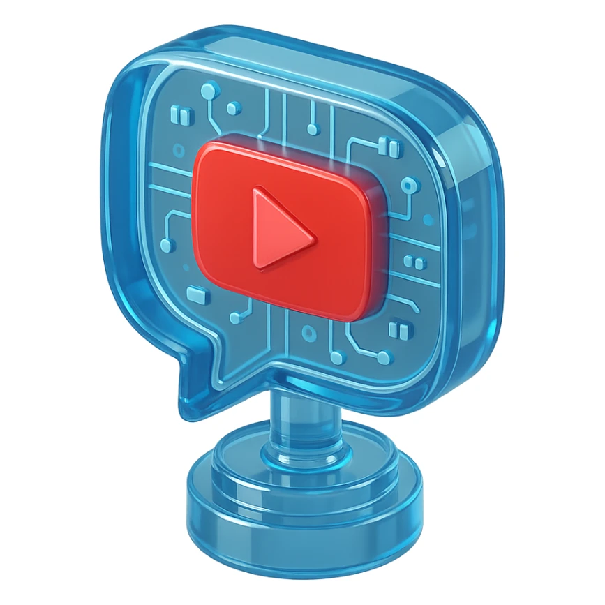 speech bubble with a red YouTube play button, like a trophy, glossy circuit style sticker