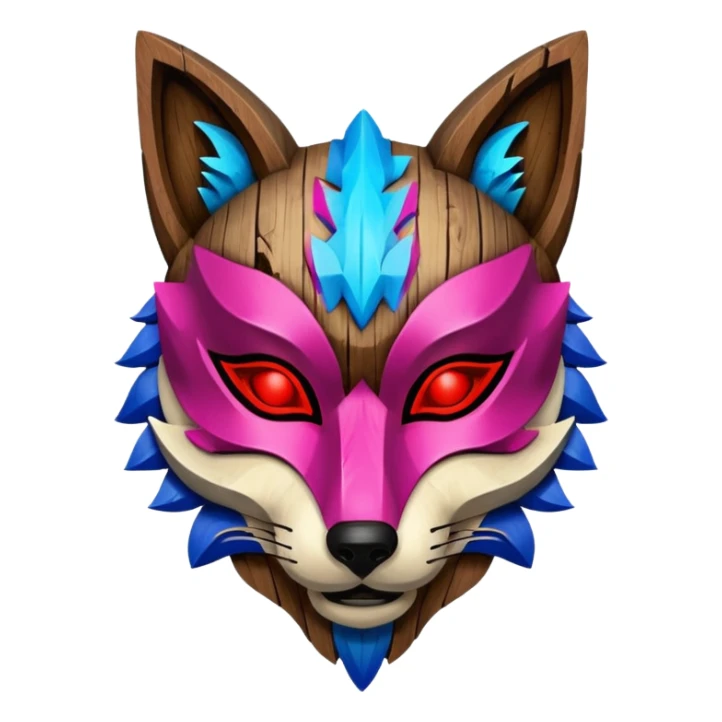 Ancient wooden mask, broken in half, luminous and neon with red, blue, and pink fox-like glow. Fragments of the mask scattered around. sticker