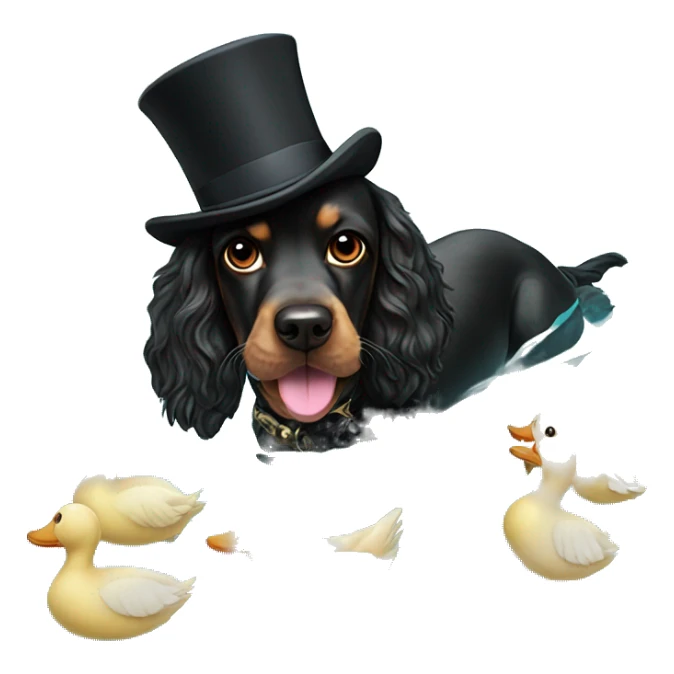 black working cocker spaniel with mustache and top hat swimming in a pool of ducks sticker