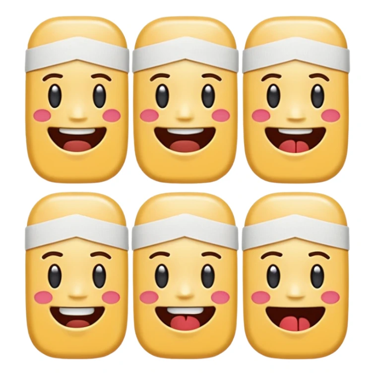 16 different variations of a band aid as and emoji with smiling with teeth, smiling without teeth, crying laughing or sad, mad, sad, tired, censored, funny, glasses, love, serious, with a hat, sticking out tounge, sleeping, injured, and angel Formatted in rows of 4x4 and with a white background sticker