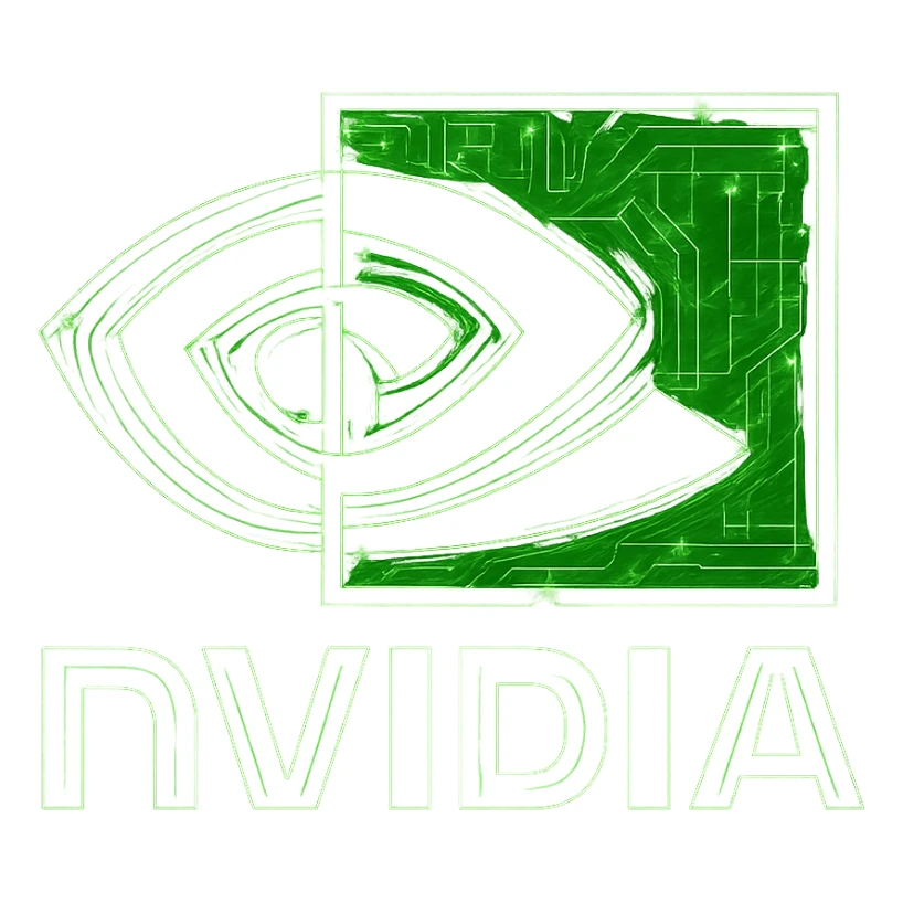 Transform the NVidia logo into a cyberpunk, holographic style with glowing neon green edges and intricate circuit patterns throughout the entire icon. Maintain the recognizable NVidia eye shape and keep the main color green, overlaying neon and circuit effects in a futuristic, clean cyberpunk style. The whole icon should have a consistent cyberpunk glow and detailed circuit elements on a transparent background, inspired by previous cyberpunk icons. sticker