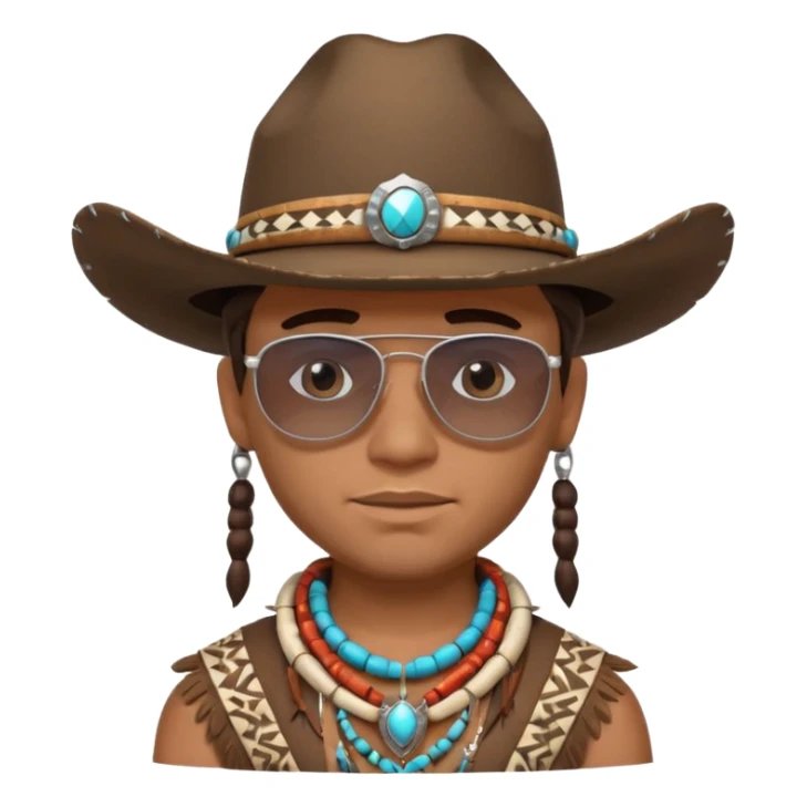 cute Indigenous tribal male portrait, head and shoulders only, cowboy hat, sunglasses, tribal jewelry, confident expression, 3D cartoon, mobile game icon style, clean background, no text, no watermark
 sticker