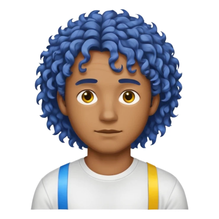 Make me an emoji that has a guy with a white shirt and yellow tape around the shirt with brown and blue spots hair make the hair curly make the yellow tape go around it sticker