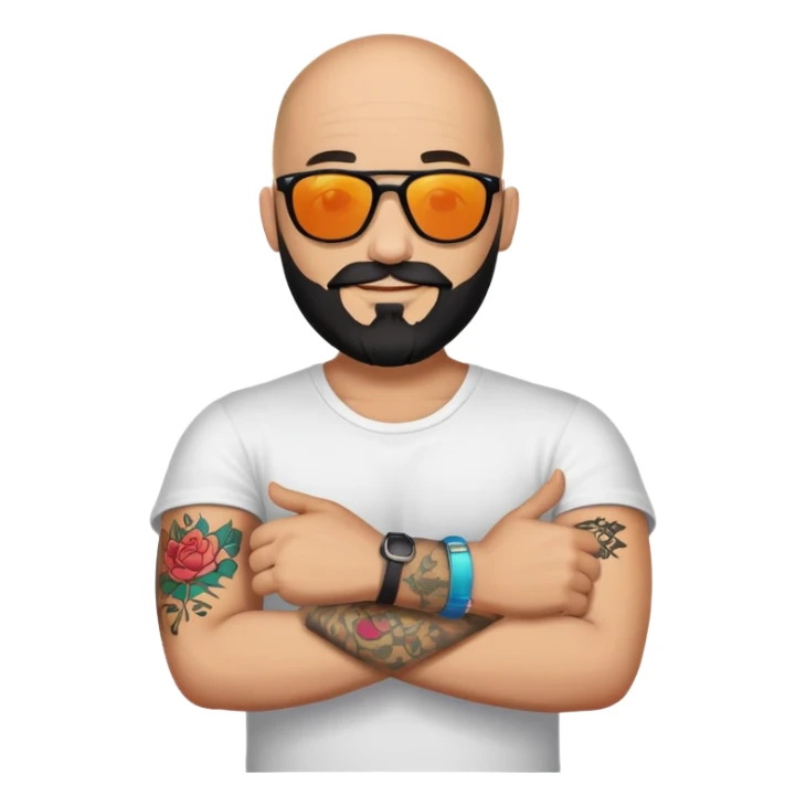  Bald man with sunglasses black beard saying hi with only one colorful tattoo on forearm  sticker