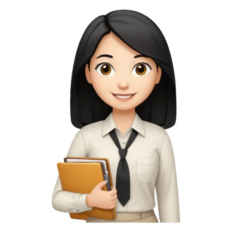 a light tan woman with long black hair past mid-back, round brown eyes, with folders in her hands. she has a id lanyard on and white professional blouse. sticker
