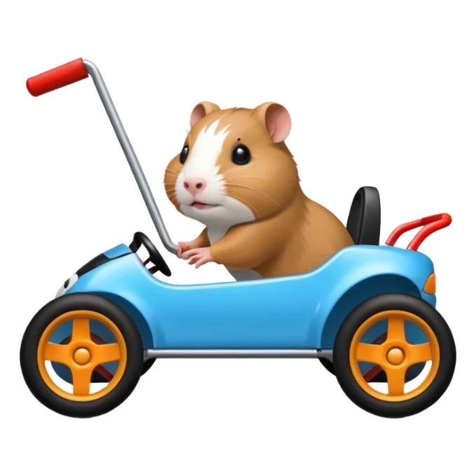 Racing drift car whose frame and suspension is made of shopping cart material and flat panel body is being professionally steered driven by a small thin Guinea pig  sticker