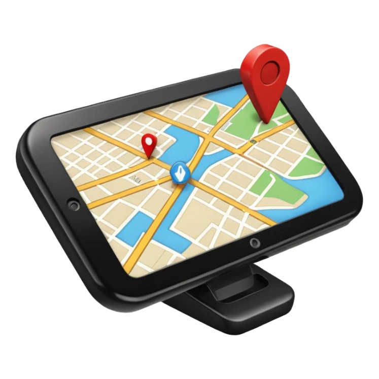 apple style emoji of a small navigation device with a screen showing a street map and a direction arrow, stylized sticker