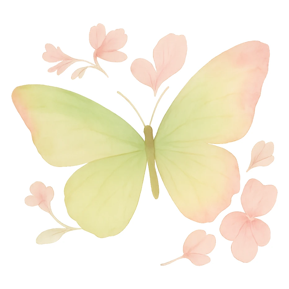 Create a one-to-one butterfly as in the example image, with the main colors being #c0ff53 green and pink. Include all flowers and details exactly as in the example. Use watercolor art style. Remove the background. sticker
