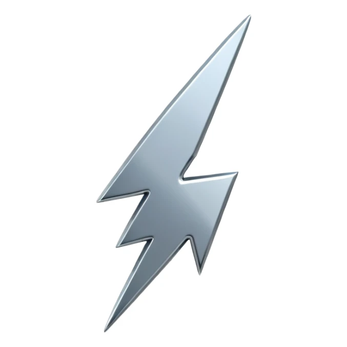 A lightning bolt emoji made of polished silver chrome, sharp yet rounded edges, glossy metallic surface, soft reflections, minimal futuristic design, iOS emoji style, centered, clean white background sticker