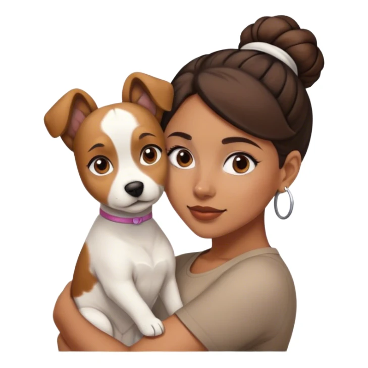 sort, 30 year old, brown girl, back Bun hairstyle, with a white brown dog sticker