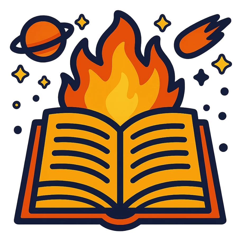 Keep the fun event icon with a book and fire, space themed, in vibrant toon style. Remove the background and make the icon transparent. sticker