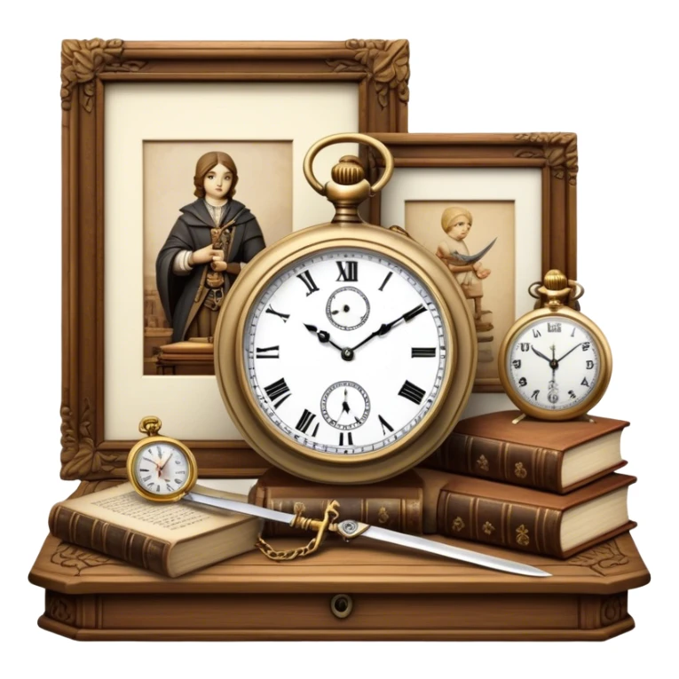Icon for Antiques Collecting: antique carved  table, a vintage pocket watch and a porcelain figurine, all placed on a wooden antique carved table surrounded by aged books and antique swords. The icon should evoke the elegance and history of antique collecting. Transparent background. sticker