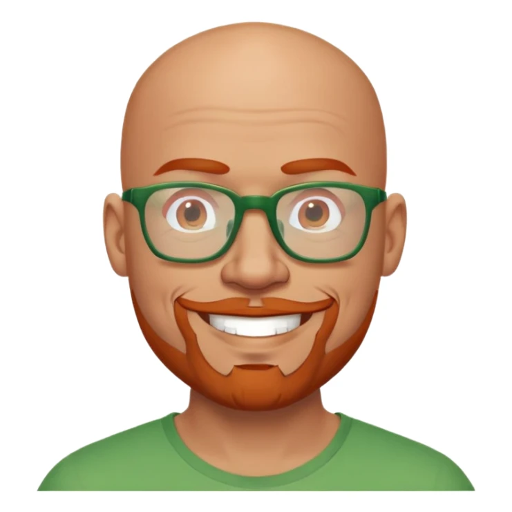 muscular bald man with red goatee and glasses, smiling, wearing a green shirt sticker