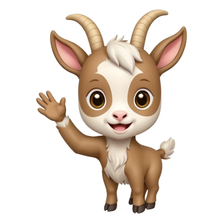Chibi baby goat with a joyful expression, waving hello with one hoof, simple clean chibi stickers style, designed for a small emote, white background. Make sure that the hoof is not a hand. sticker