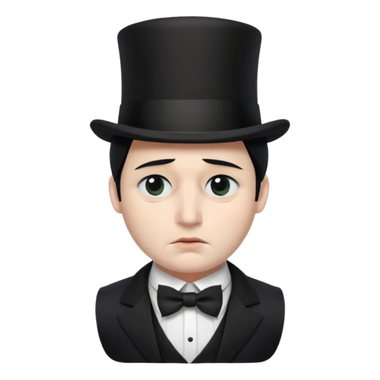 A man with snow white skin, a black half mask with an eye hole, a black top hat, a black vest with a black tie tucked underneath, and a white collared shirt. A frown, and closed eyes. sticker