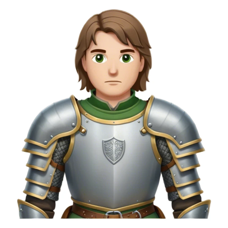 medieval battle armor worn by a DnD themed fantasy character. basic padded gambeson with metal pauldrons and a reinforced gorget. armor only above the waist. The armor full waist. The character's haven't arms. character is brown hair green eyes shoulder-length straight hair white man. sticker