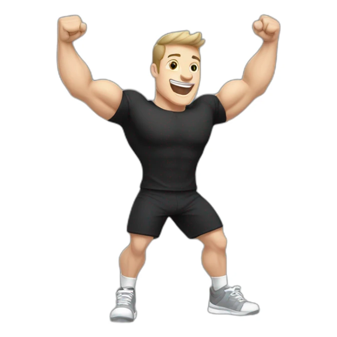 Joyful Celebrating victory Pale skinned Fit Man With the biceps and dark brown hair in black shirt, gray sports shorts and white Sneakers sticker