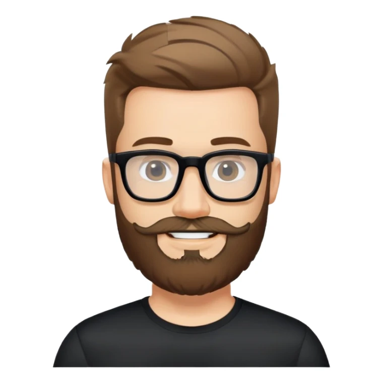 Fair-skinned man with full beard, short hair styled upward, large black-framed glasses, smiling, wearing black athletic fabric shirt sticker