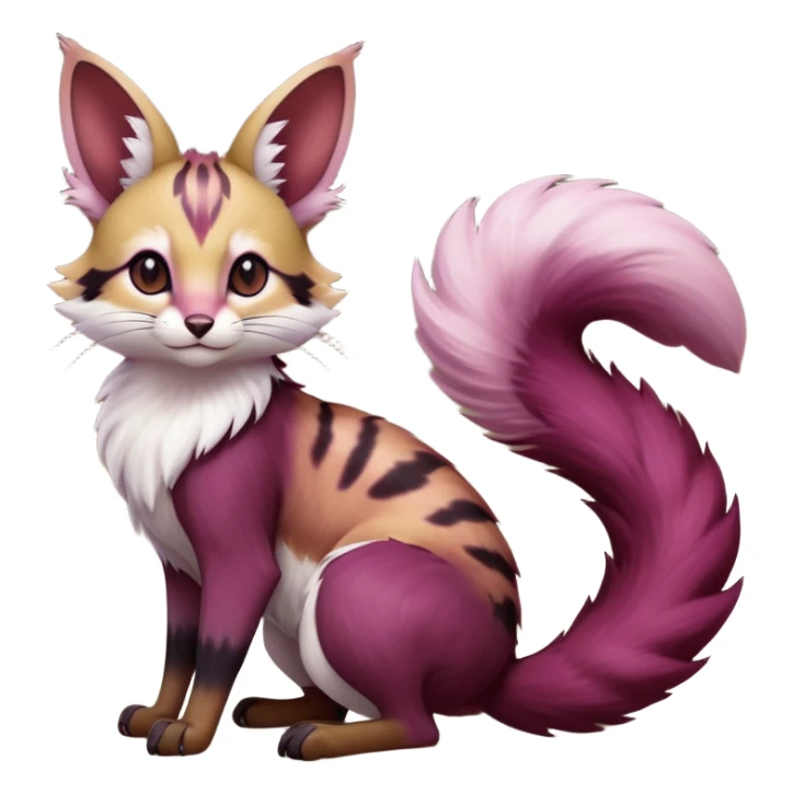 Hyper realistic  wine-dark burgundy fur melting into shadow-plum ombré smoke beautiful elegant pretty precious cute  Fakémon-Pokémon-opossum-feline-serval-caracal-chinchilla-Furret-Minccino-hybrid-creature with a big fluffy bushy tail (full body) sticker