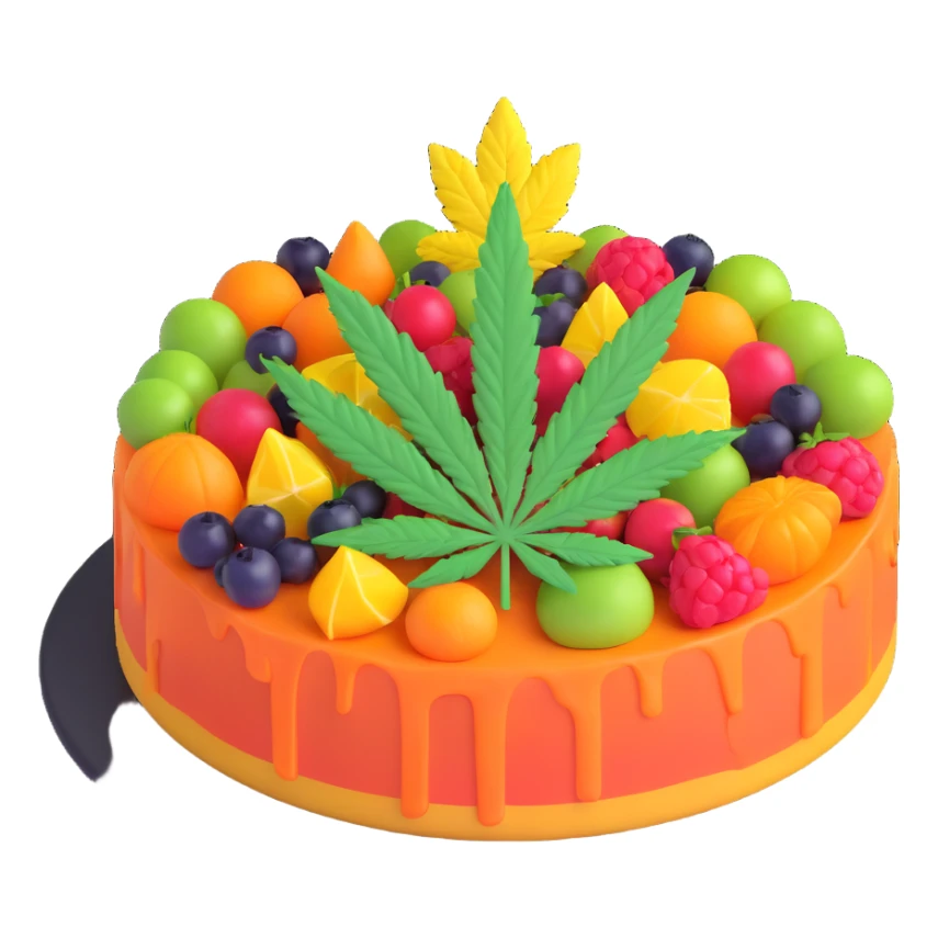 colorful frosted fruit cake with cannabis leaf on a plate sticker