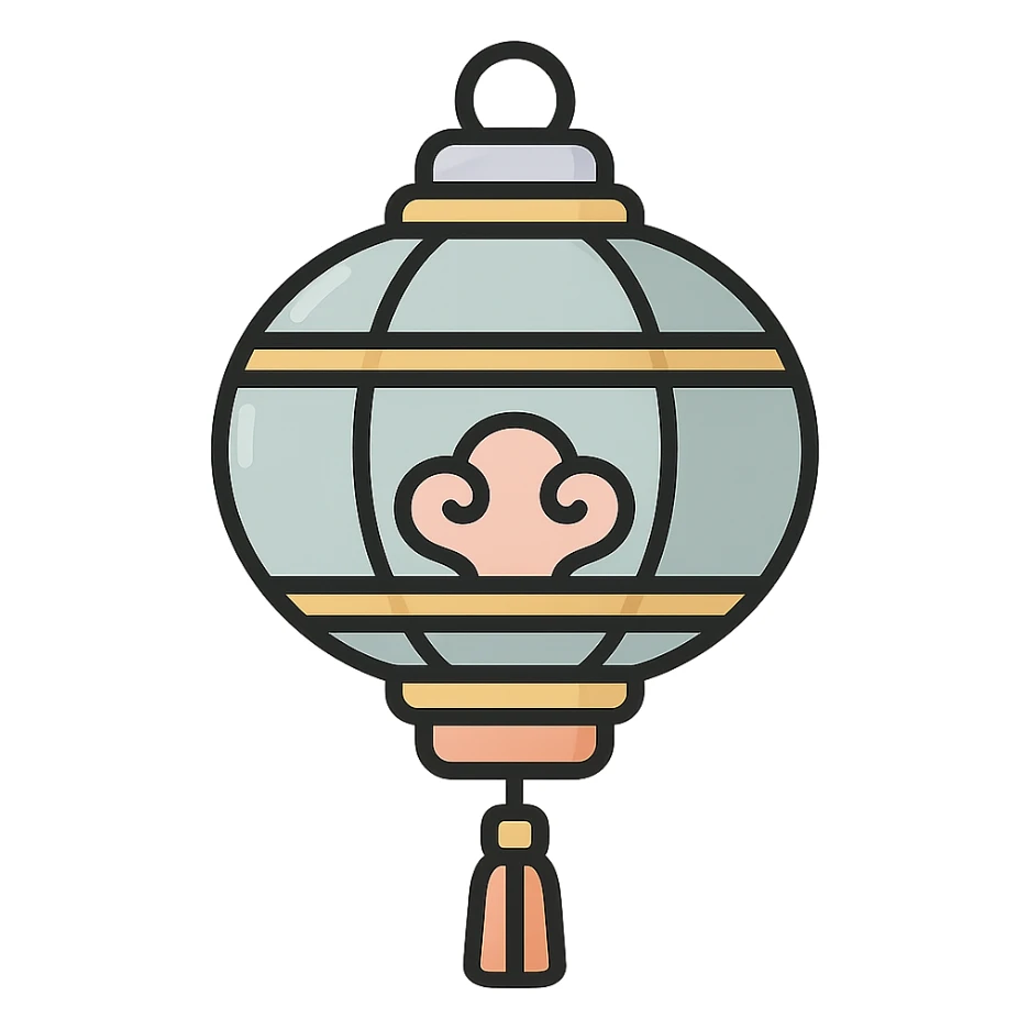 beautiful Chinese lantern with golden decor and tassel, thin clean outlines, soft rounded shapes, pastel palette #98B5BC, #B5B3C1, #C9A3C9, #E4C0CA, #F7DCD1, #F7C0AA, detailed shadows and highlights, soft lighting, transparent background, oriental style sticker