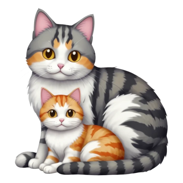 full body colourful light patched calico + white tabby cat cuddling a bigger cat that is dark grey and white tabby cat  sticker