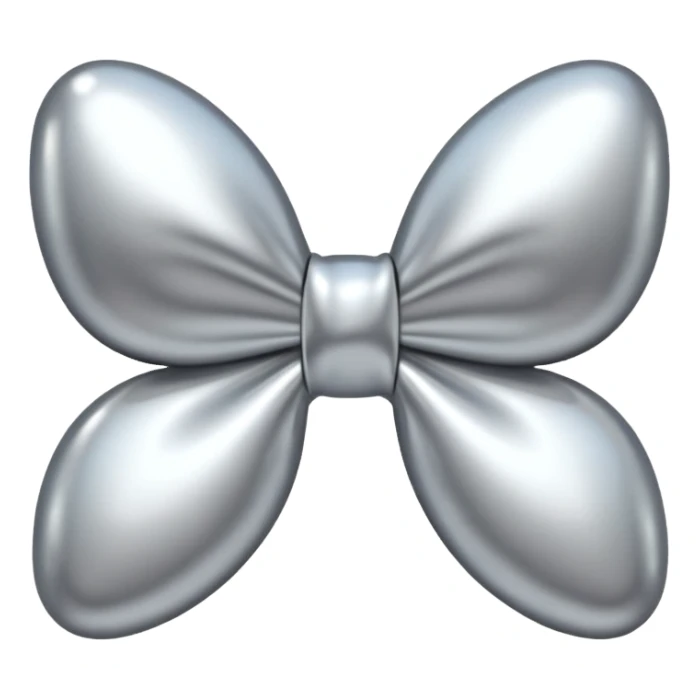 A cute bow emoji made of polished silver chrome, smooth rounded loops, glossy metallic surface, soft mirror reflections, subtle highlights, minimal and adorable proportions, iOS emoji style, centered composition, clean white background, soft studio lighting, no text, no outline, ultra high quality sticker