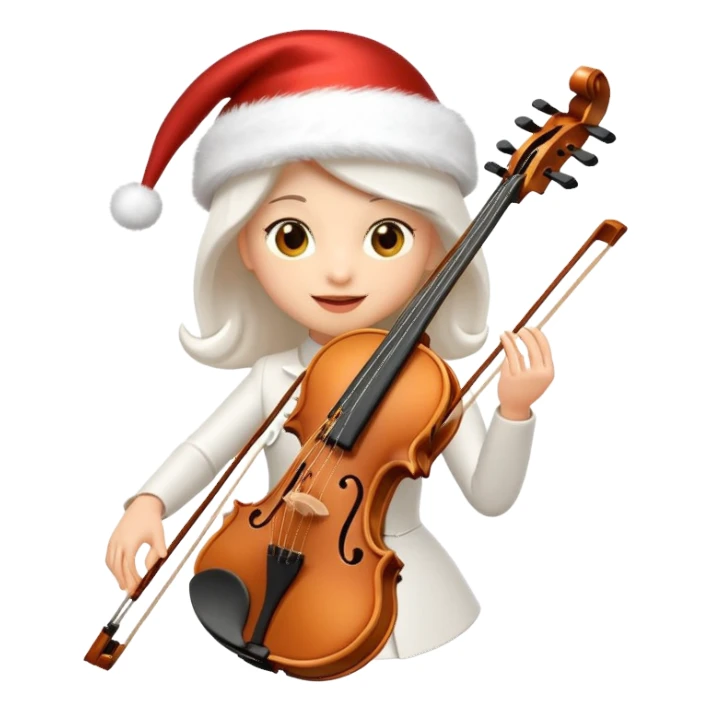 A sleek, elegant, pure white animated violin emoji wearing a festive New Year hat on top, sparkling details, soft glow, premium cartoon style, high resolution, 3D-like shading, cheerful and cute, perfect for Telegram sticker or emoji, minimalistic background sticker