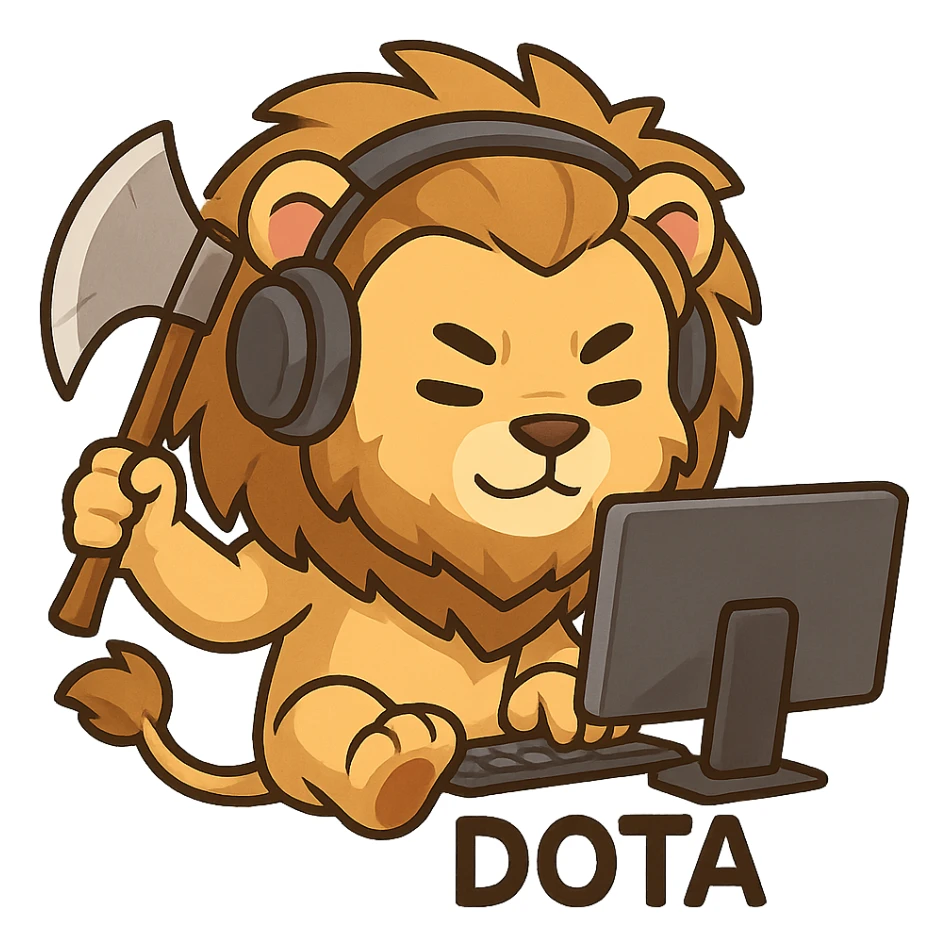 humanoid lion gamer with an axe sitting at a computer playing Dota, Telegram sticker style, modern, cartoonish sticker