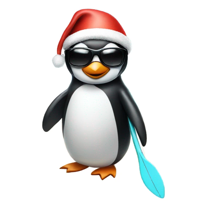 penguin in a surfboard with sunglasses and a santa hat  sticker