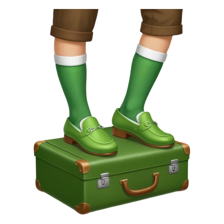 Feet with white socks wearing green slippers standing on a briefcase sticker