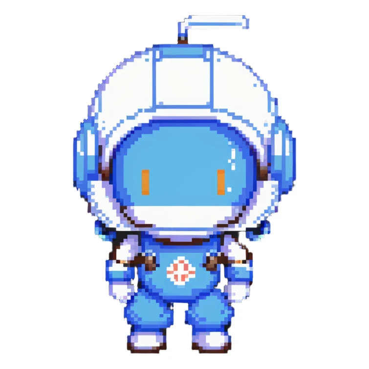 Classic bomberman character, blue and white colors, round helmet with antenna, cute pixel art style sticker