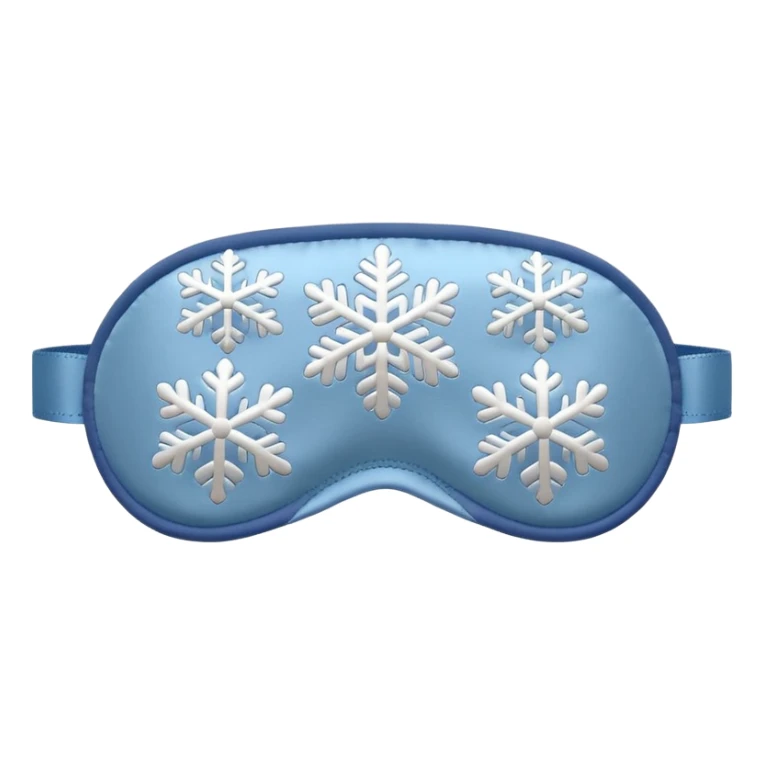 emoji of an isolated silky sleep mask with a small embroidered snowflake pattern, no eyes, no face, no character features, smooth satin texture with gentle shine, pastel grey-blue color, soft rounded shape, cozy winter pajama mood, soft shadows sticker