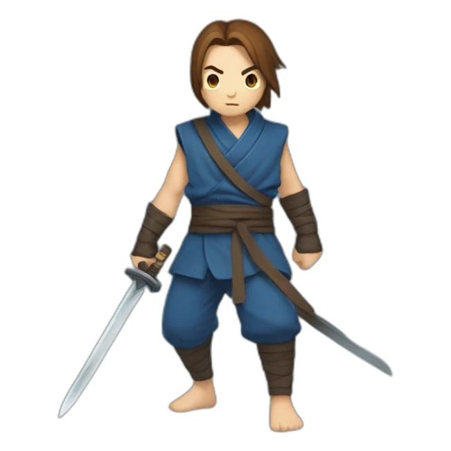 ninja,barefoot,blue-sleeveless-outfit,brown-hair,running,2d-platformer,slashing-sword sticker