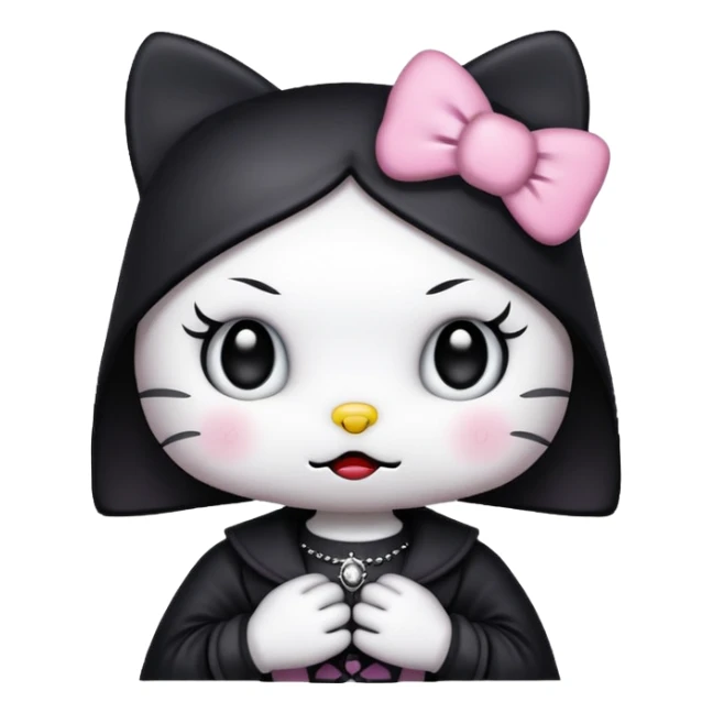 gothic Hello Kitty with a funny face, dark gothic details, iOS emoji style sticker