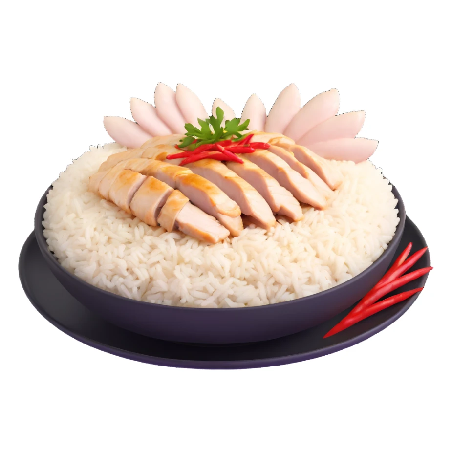 Singapore chicken rice with sliced poached chicken, fragrant rice, and chili sauce sticker